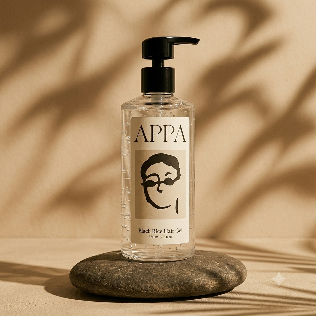 APPA Black Rice Styling Gel resting on wet stone in soft natural light